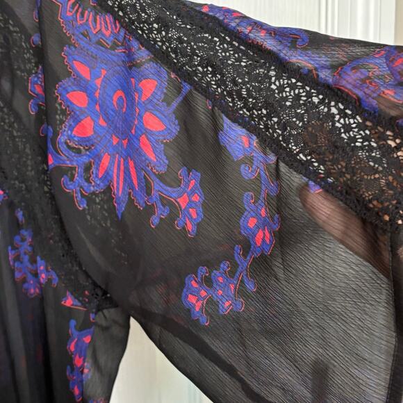 Express Wms M Bell Sleeve Sheer Floral Open Front Kimono Shawl Lace Trim Boho - Picture 8 of 10